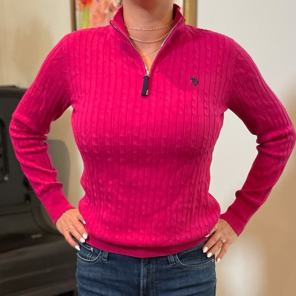 U.S. Polo Assn. Pink 1/4 Zip V-Neck Cable Knit Sweater. NWOT